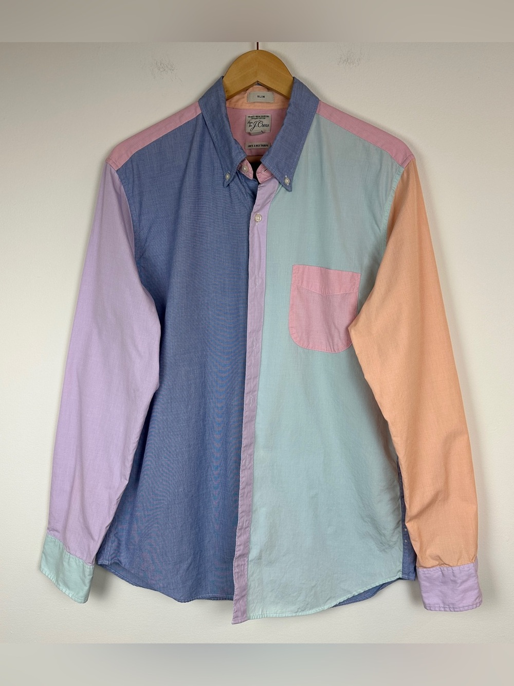 J Crew Men Shirt Slim Button Up Long Sleeve Colorblock Organic Cotton Sz L